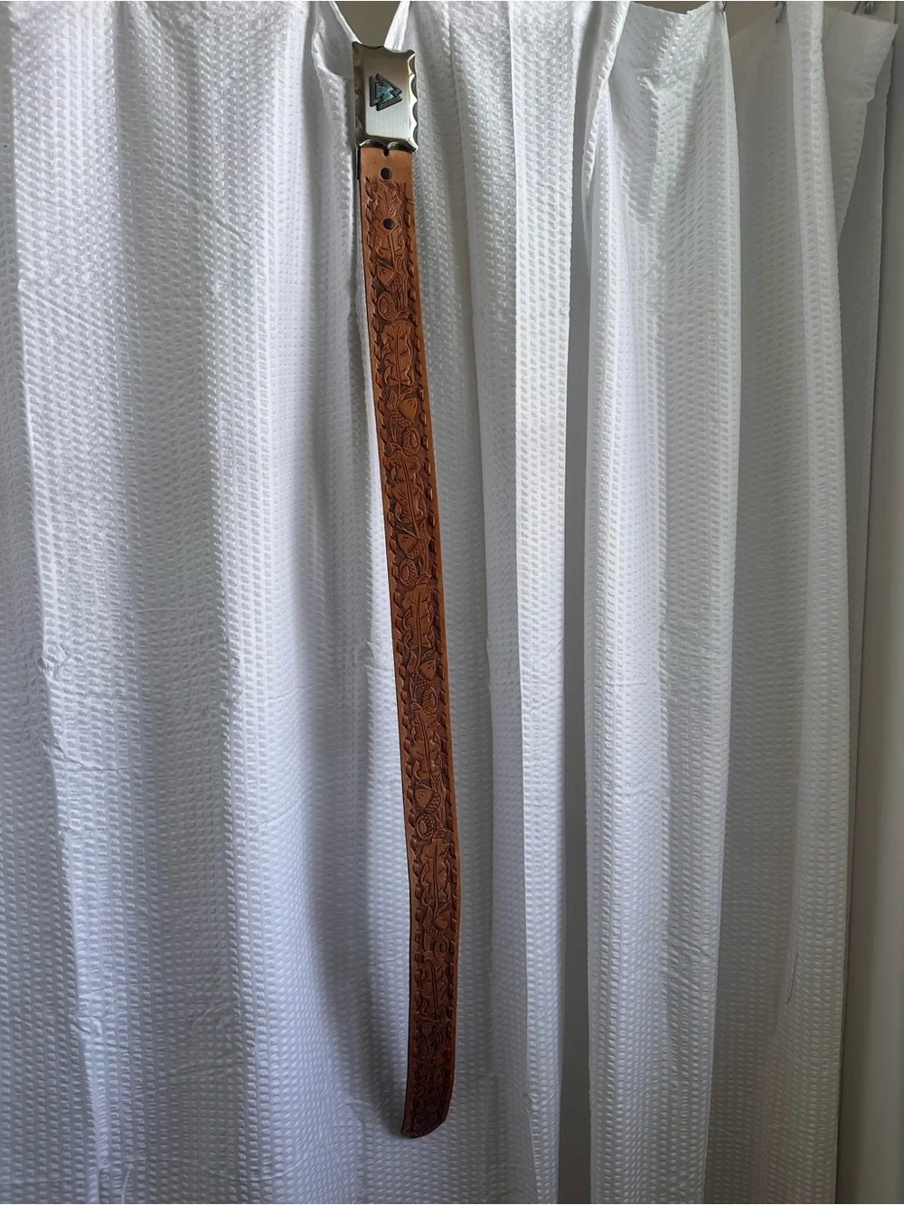 Western Tooled Leather Belt with Decorative Buckle - Brown